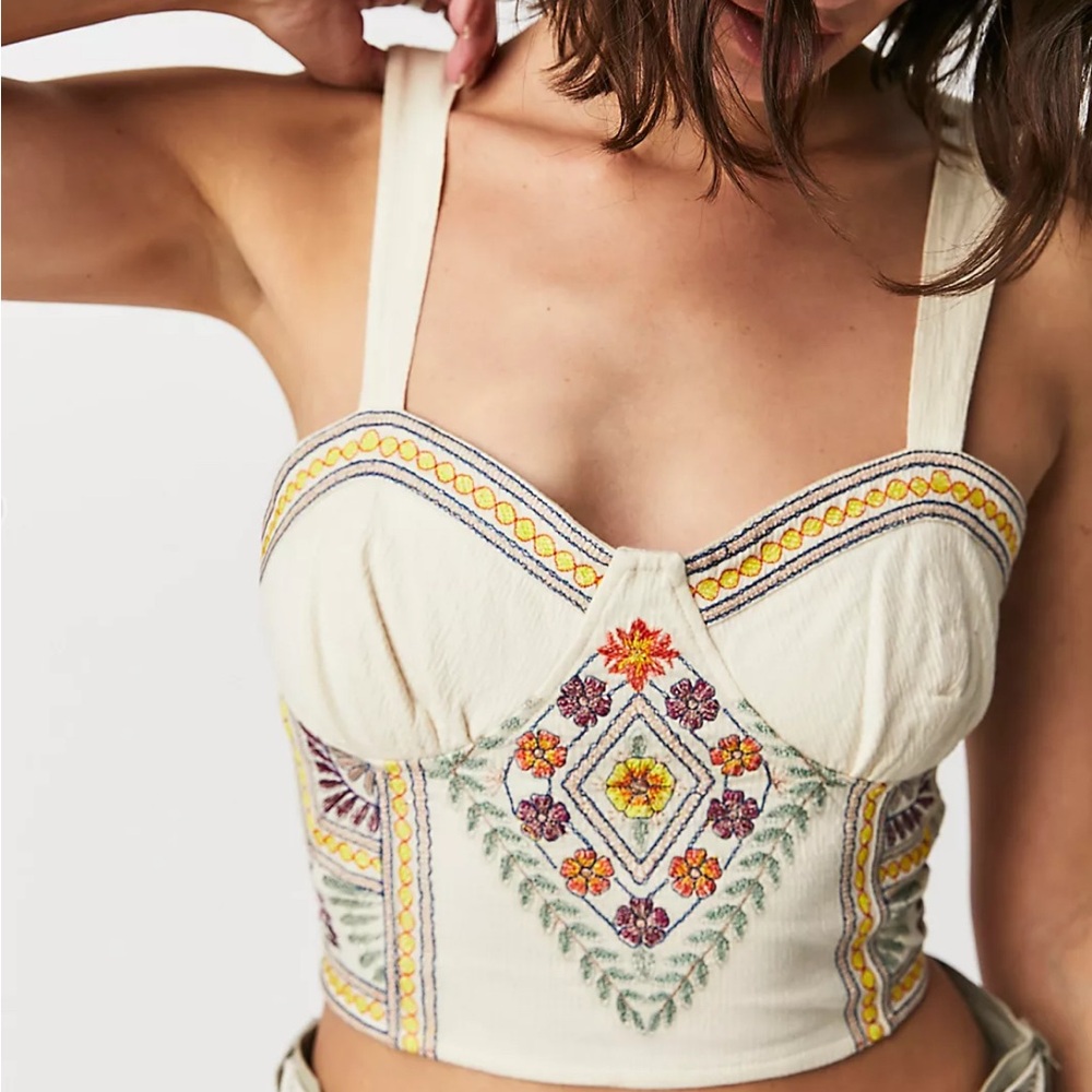 Free People Embroidered Cream Crop Top